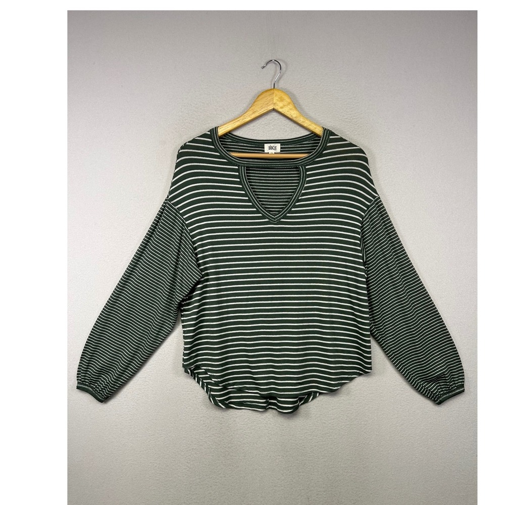 Boho Casual BKE Womens XS Green Striped Cutout V-Neck Long Sleeve Curved Hem Top